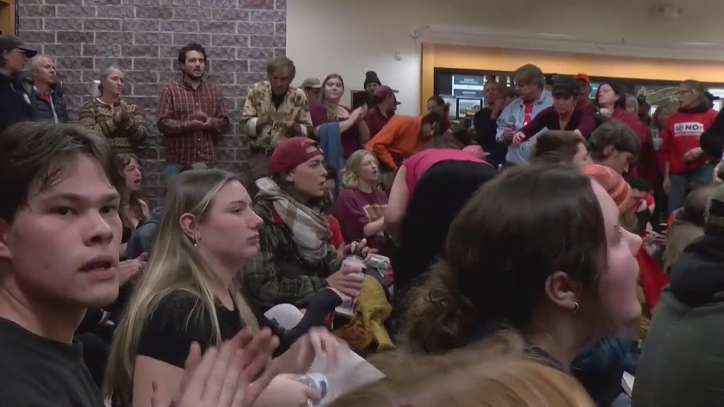 Hermantown City Hall with protesters gathered outside